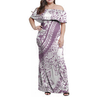 Polynesia Family Matching Off Shoulder Maxi Dress and Hawaiian Shirt Polynesian Tropical Flowers Purple Pastel Vibes LT14 Mom's Dress Purple - Polynesian Pride