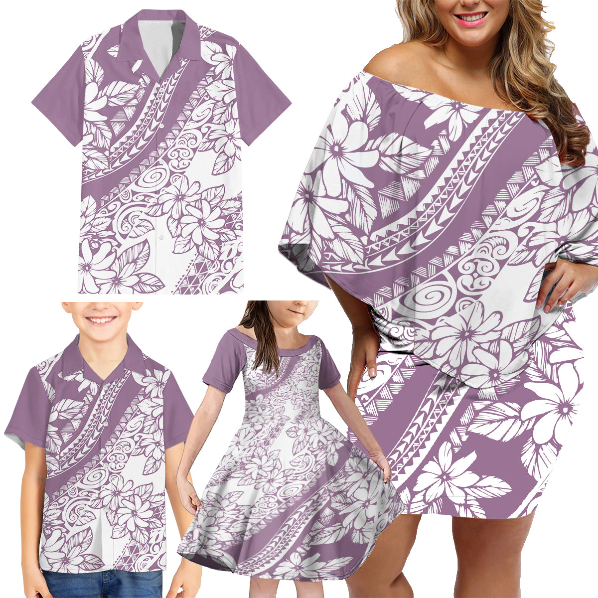 Polynesia Family Matching Off Shoulder Short Dress and Hawaiian Shirt Polynesian Tropical Flowers Purple Pastel Vibes LT14 - Polynesian Pride