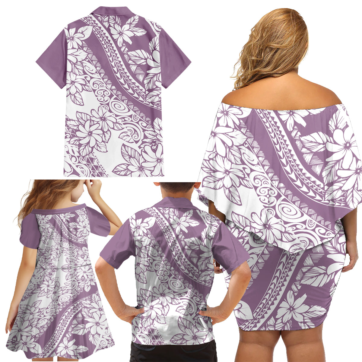 Polynesia Family Matching Off Shoulder Short Dress and Hawaiian Shirt Polynesian Tropical Flowers Purple Pastel Vibes LT14 - Polynesian Pride