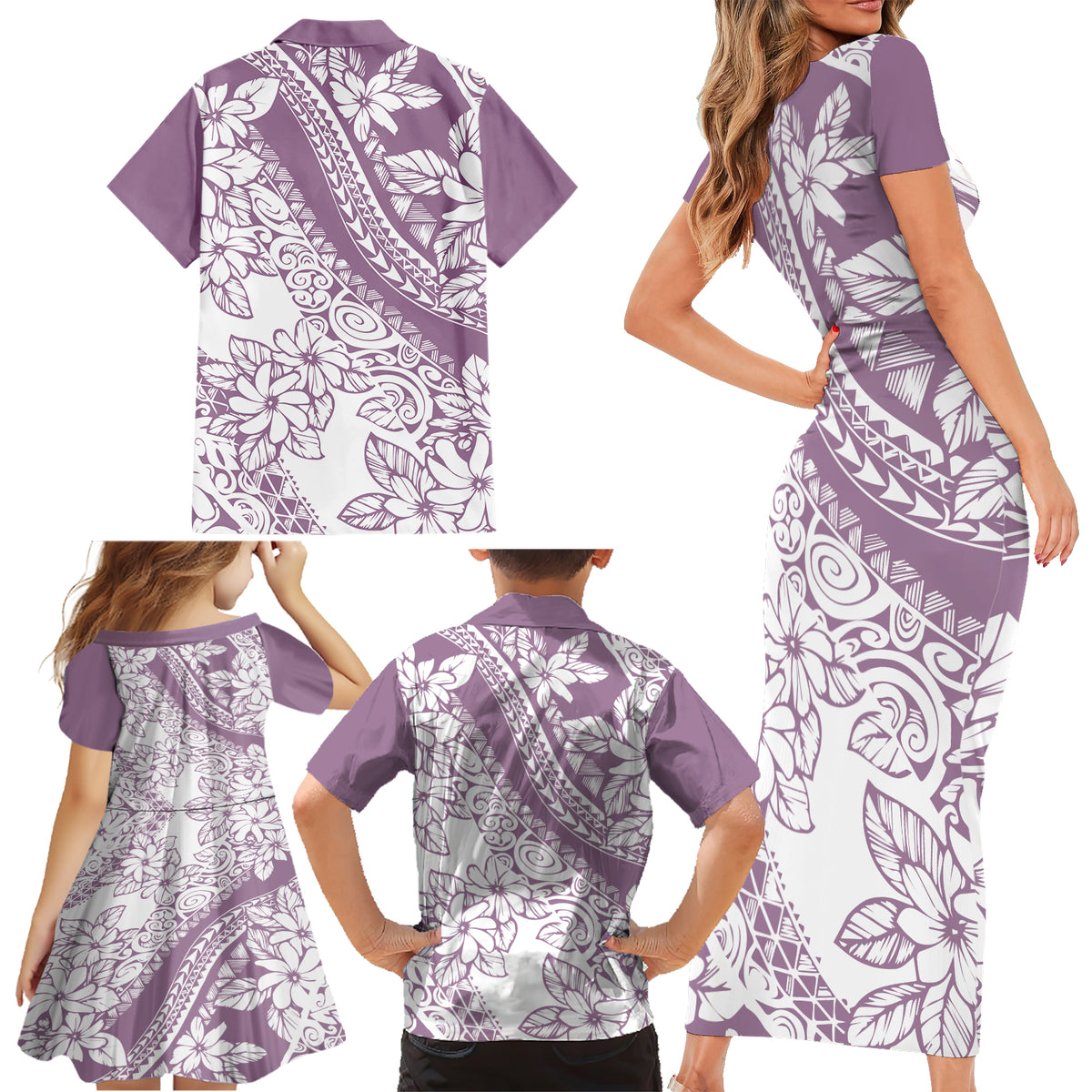 Polynesia Family Matching Short Sleeve Bodycon Dress and Hawaiian Shirt Polynesian Tropical Flowers Purple Pastel Vibes LT14 - Polynesian Pride