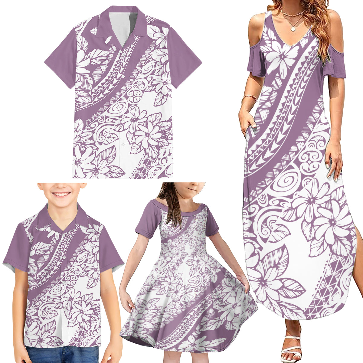Polynesia Family Matching Summer Maxi Dress and Hawaiian Shirt Polynesian Tropical Flowers Purple Pastel Vibes LT14 - Polynesian Pride