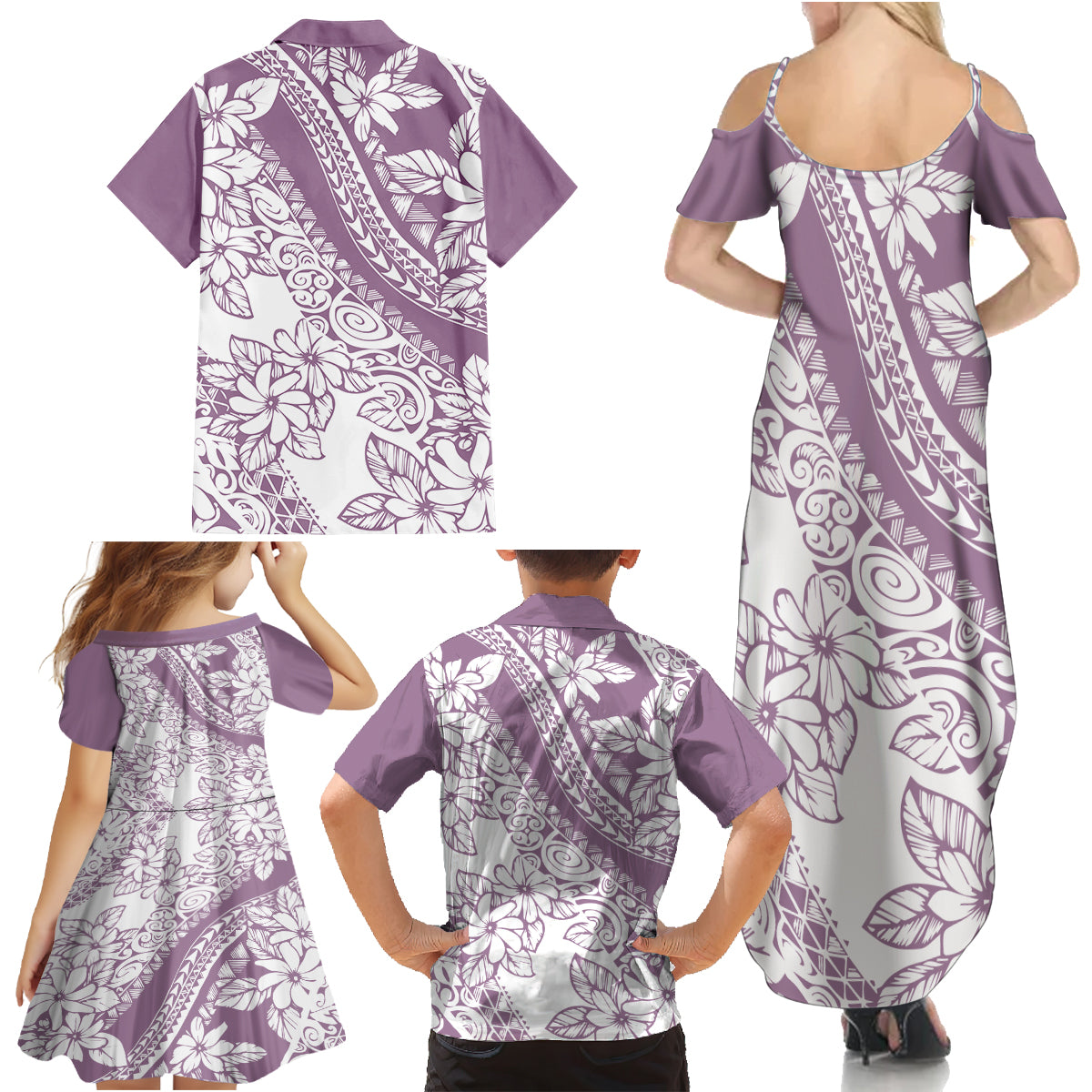 Polynesia Family Matching Summer Maxi Dress and Hawaiian Shirt Polynesian Tropical Flowers Purple Pastel Vibes LT14 - Polynesian Pride