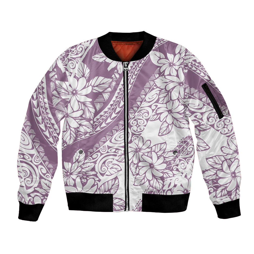 Polynesia Sleeve Zip Bomber Jacket Polynesian Tropical Flowers Purple Pastel Vibes LT14 Unisex Purple - Polynesian Pride