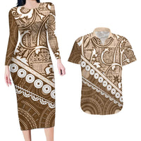 Beige Bula Fiji Couples Matching Long Sleeve Bodycon Dress and Hawaiian Shirt Fijian Language Week Tapa Cloth - Pastel LT14 Beige - Polynesian Pride