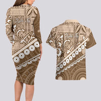 Beige Bula Fiji Couples Matching Long Sleeve Bodycon Dress and Hawaiian Shirt Fijian Language Week Tapa Cloth - Pastel LT14 - Polynesian Pride