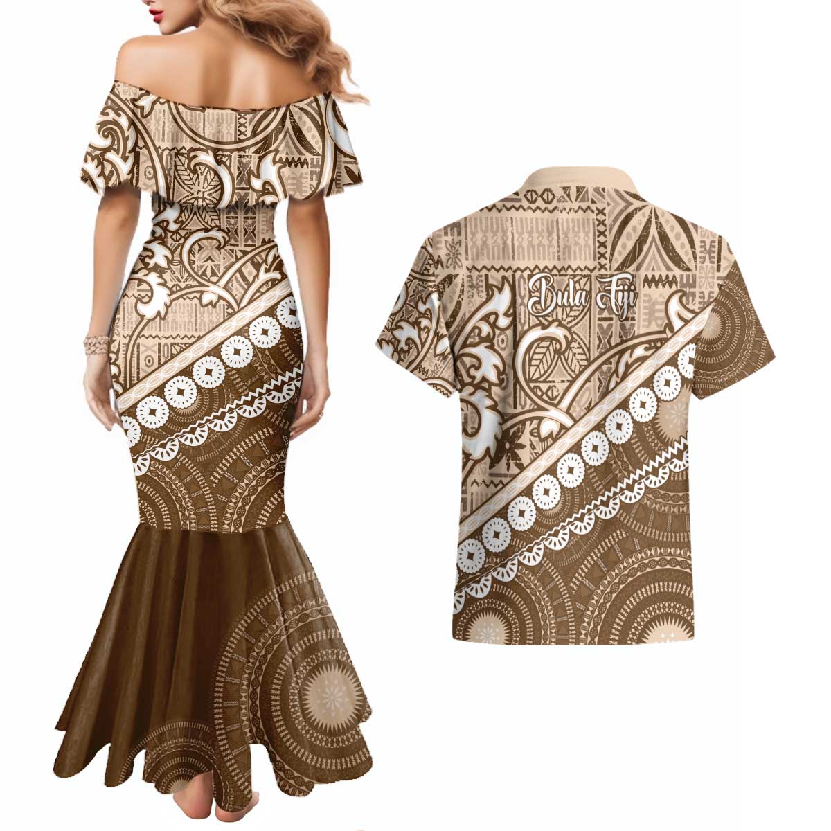 Beige Bula Fiji Couples Matching Mermaid Dress and Hawaiian Shirt Fijian Language Week Tapa Cloth - Pastel LT14 - Polynesian Pride