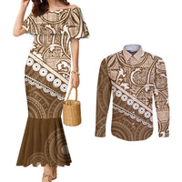 Beige Bula Fiji Couples Matching Mermaid Dress and Long Sleeve Button Shirt Fijian Language Week Tapa Cloth - Pastel LT14 Beige - Polynesian Pride
