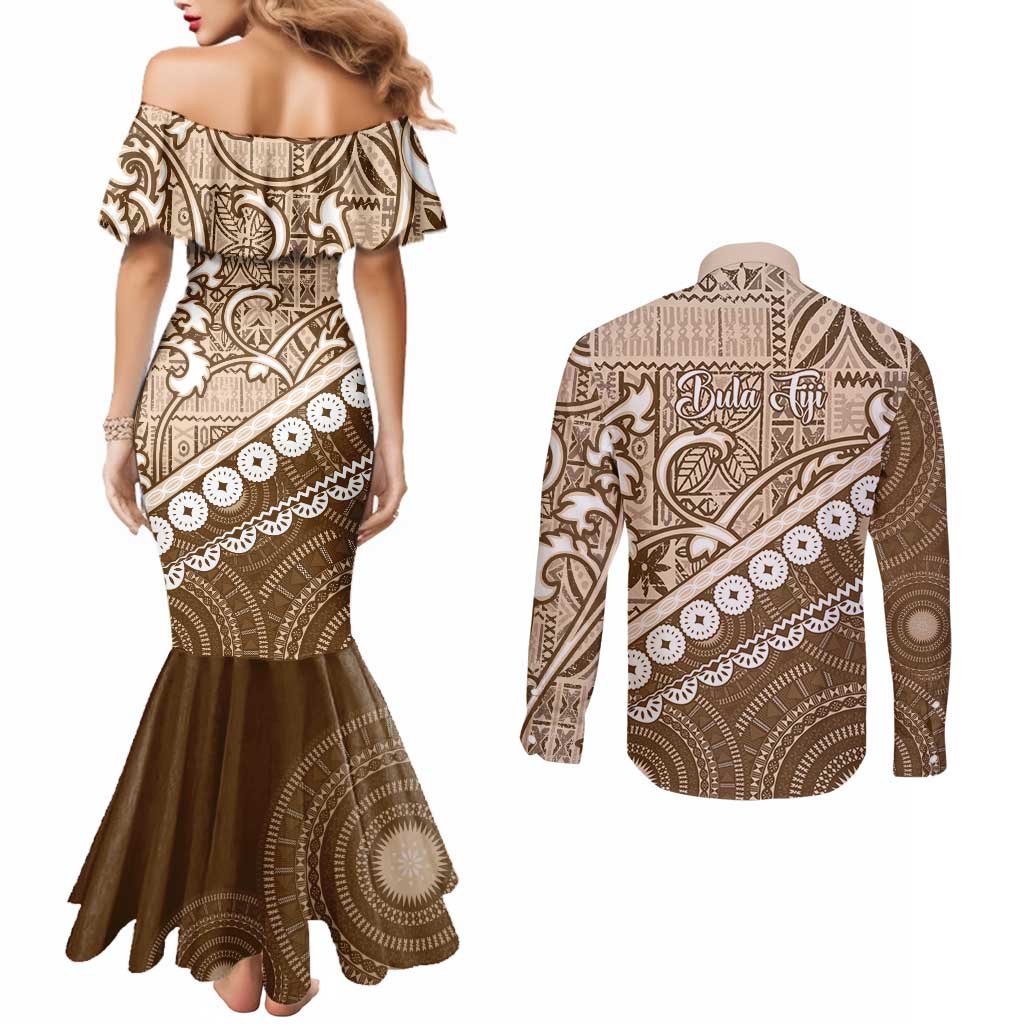 Beige Bula Fiji Couples Matching Mermaid Dress and Long Sleeve Button Shirt Fijian Language Week Tapa Cloth - Pastel LT14 - Polynesian Pride