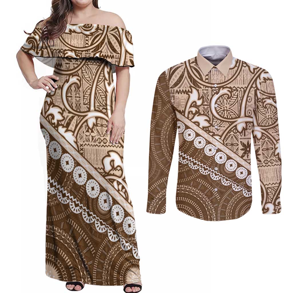 Beige Bula Fiji Couples Matching Off Shoulder Maxi Dress and Long Sleeve Button Shirt Fijian Language Week Tapa Cloth - Pastel LT14 Beige - Polynesian Pride