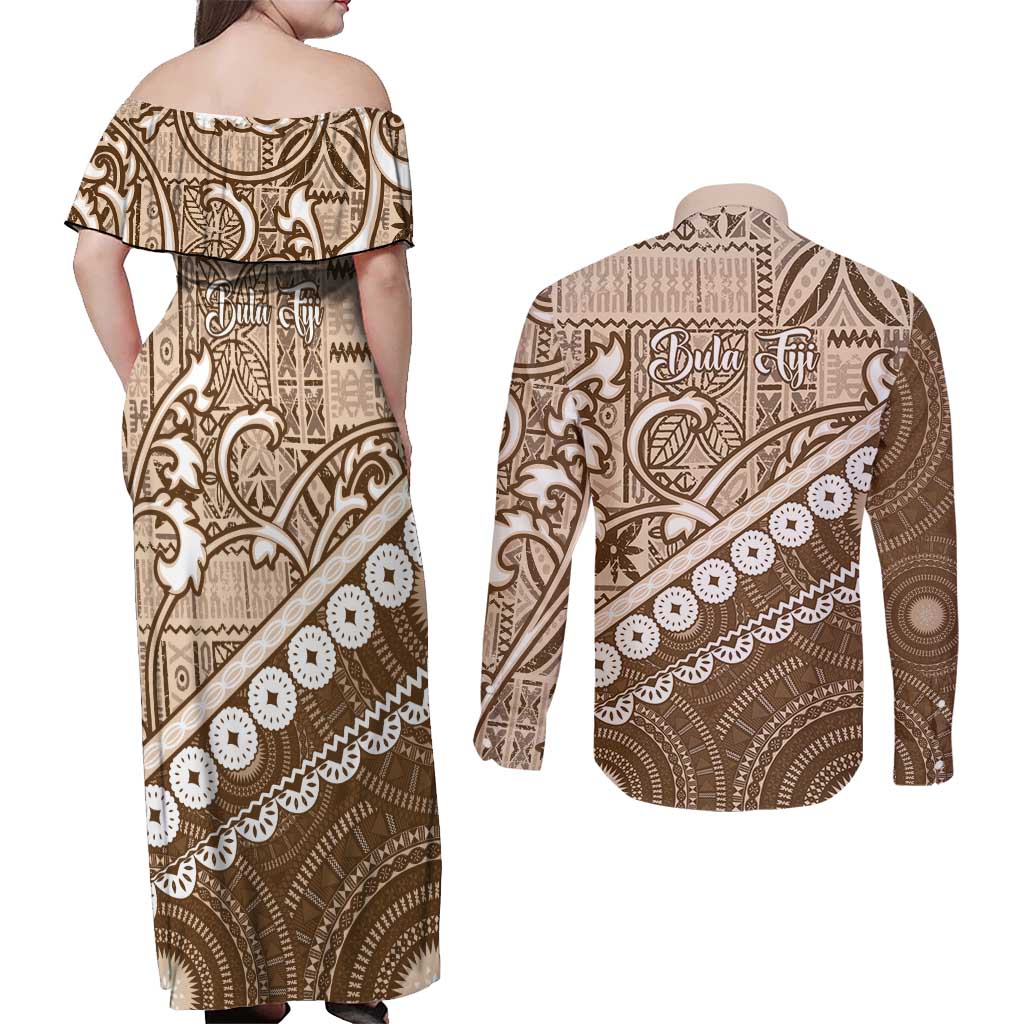 Beige Bula Fiji Couples Matching Off Shoulder Maxi Dress and Long Sleeve Button Shirt Fijian Language Week Tapa Cloth - Pastel LT14 - Polynesian Pride