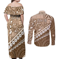 Beige Bula Fiji Couples Matching Off Shoulder Maxi Dress and Long Sleeve Button Shirt Fijian Language Week Tapa Cloth - Pastel LT14 - Polynesian Pride