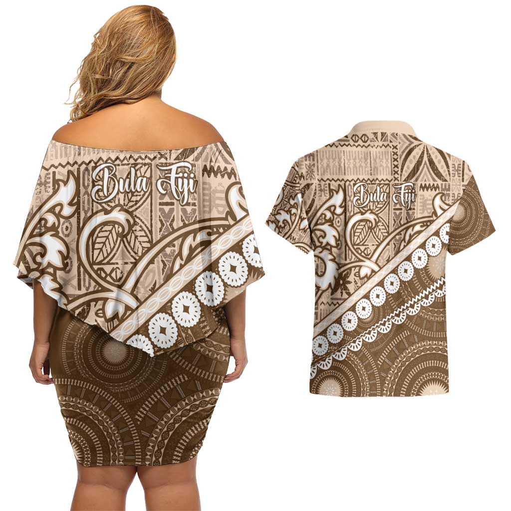 Beige Bula Fiji Couples Matching Off Shoulder Short Dress and Hawaiian Shirt Fijian Language Week Tapa Cloth - Pastel LT14 - Polynesian Pride