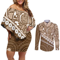 Beige Bula Fiji Couples Matching Off Shoulder Short Dress and Long Sleeve Button Shirt Fijian Language Week Tapa Cloth - Pastel LT14 Beige - Polynesian Pride