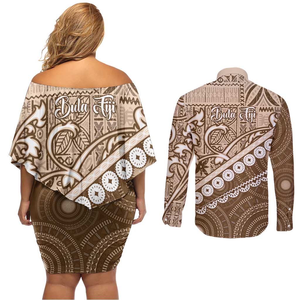 Beige Bula Fiji Couples Matching Off Shoulder Short Dress and Long Sleeve Button Shirt Fijian Language Week Tapa Cloth - Pastel LT14 - Polynesian Pride