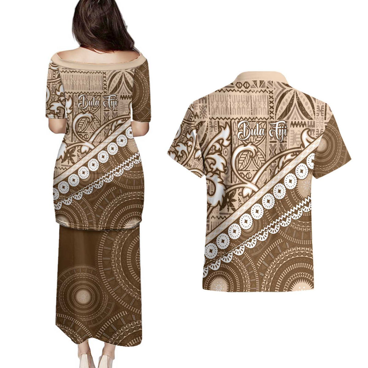 Beige Bula Fiji Couples Matching Puletasi and Hawaiian Shirt Fijian Language Week Tapa Cloth - Pastel LT14 - Polynesian Pride