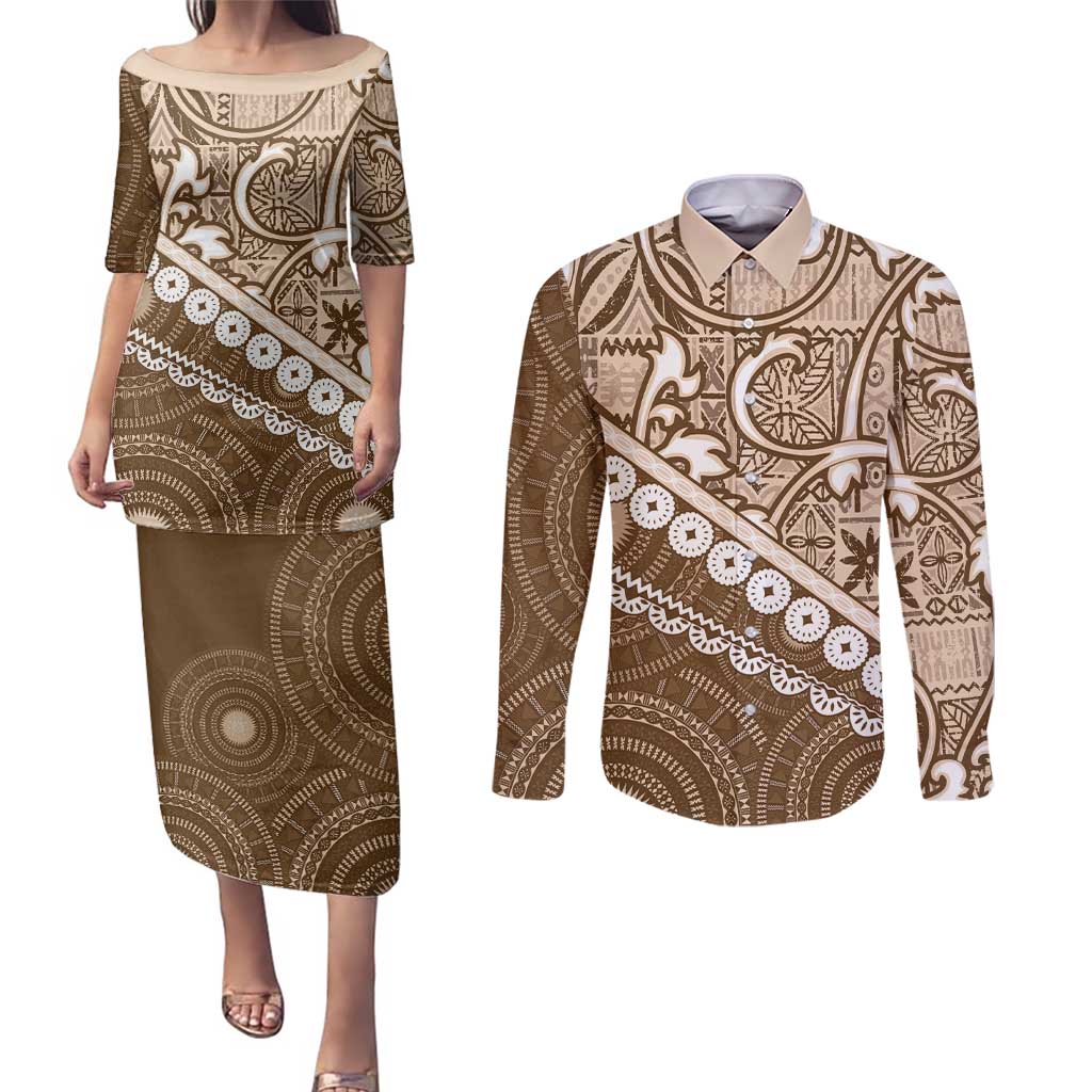 Beige Bula Fiji Couples Matching Puletasi and Long Sleeve Button Shirt Fijian Language Week Tapa Cloth - Pastel LT14 Beige - Polynesian Pride