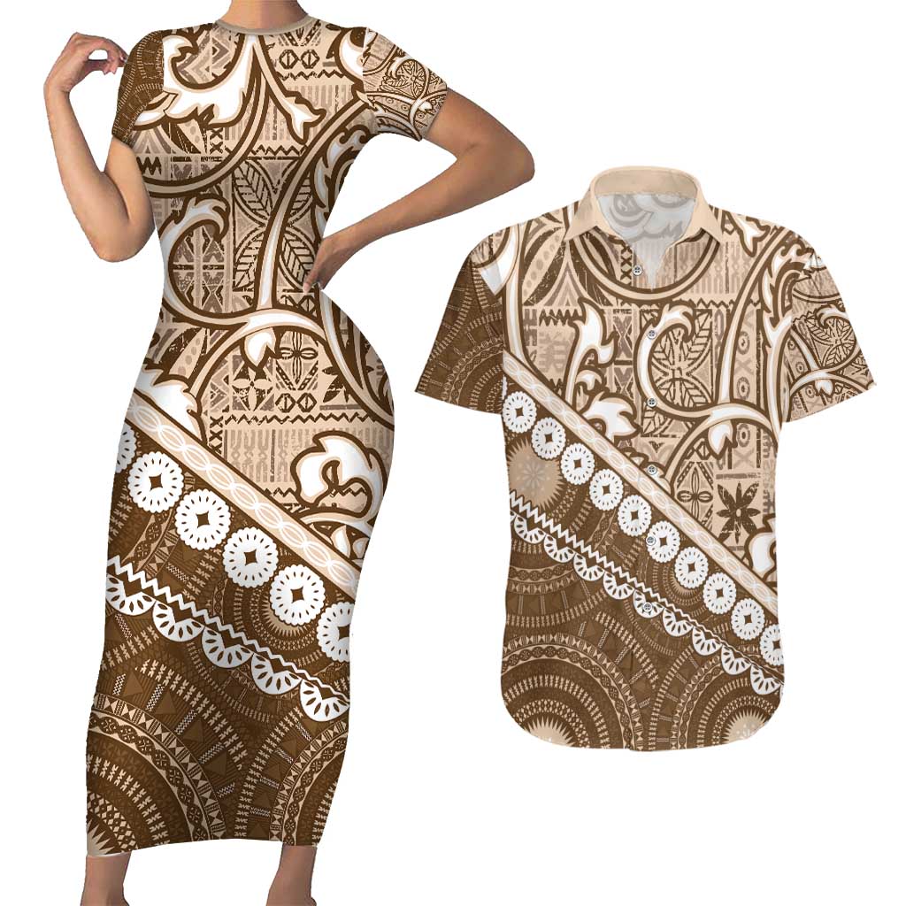 Beige Bula Fiji Couples Matching Short Sleeve Bodycon Dress and Hawaiian Shirt Fijian Language Week Tapa Cloth - Pastel LT14 Beige - Polynesian Pride