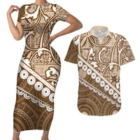 Beige Bula Fiji Couples Matching Short Sleeve Bodycon Dress and Hawaiian Shirt Fijian Language Week Tapa Cloth - Pastel LT14 Beige - Polynesian Pride