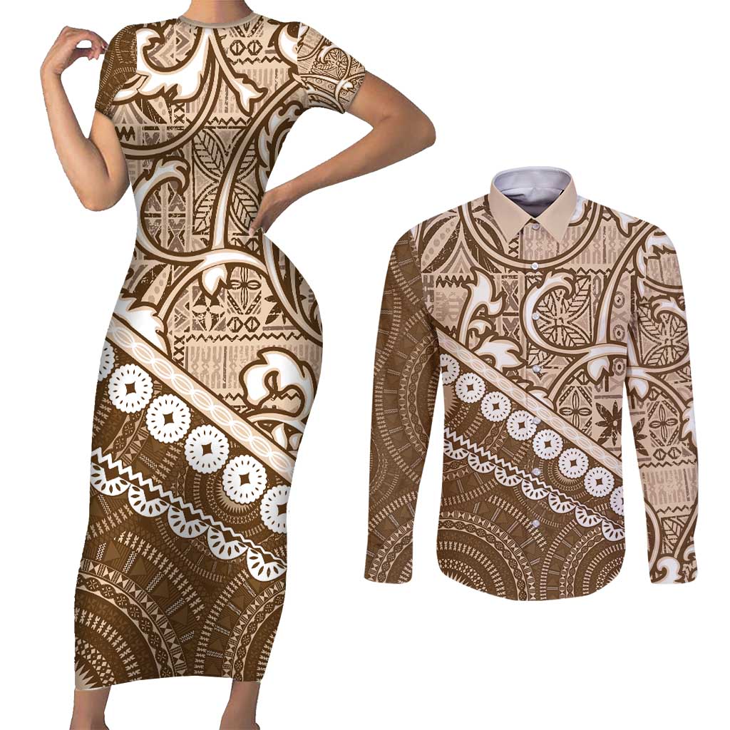 Beige Bula Fiji Couples Matching Short Sleeve Bodycon Dress and Long Sleeve Button Shirt Fijian Language Week Tapa Cloth - Pastel LT14 Beige - Polynesian Pride