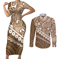 Beige Bula Fiji Couples Matching Short Sleeve Bodycon Dress and Long Sleeve Button Shirt Fijian Language Week Tapa Cloth - Pastel LT14 Beige - Polynesian Pride