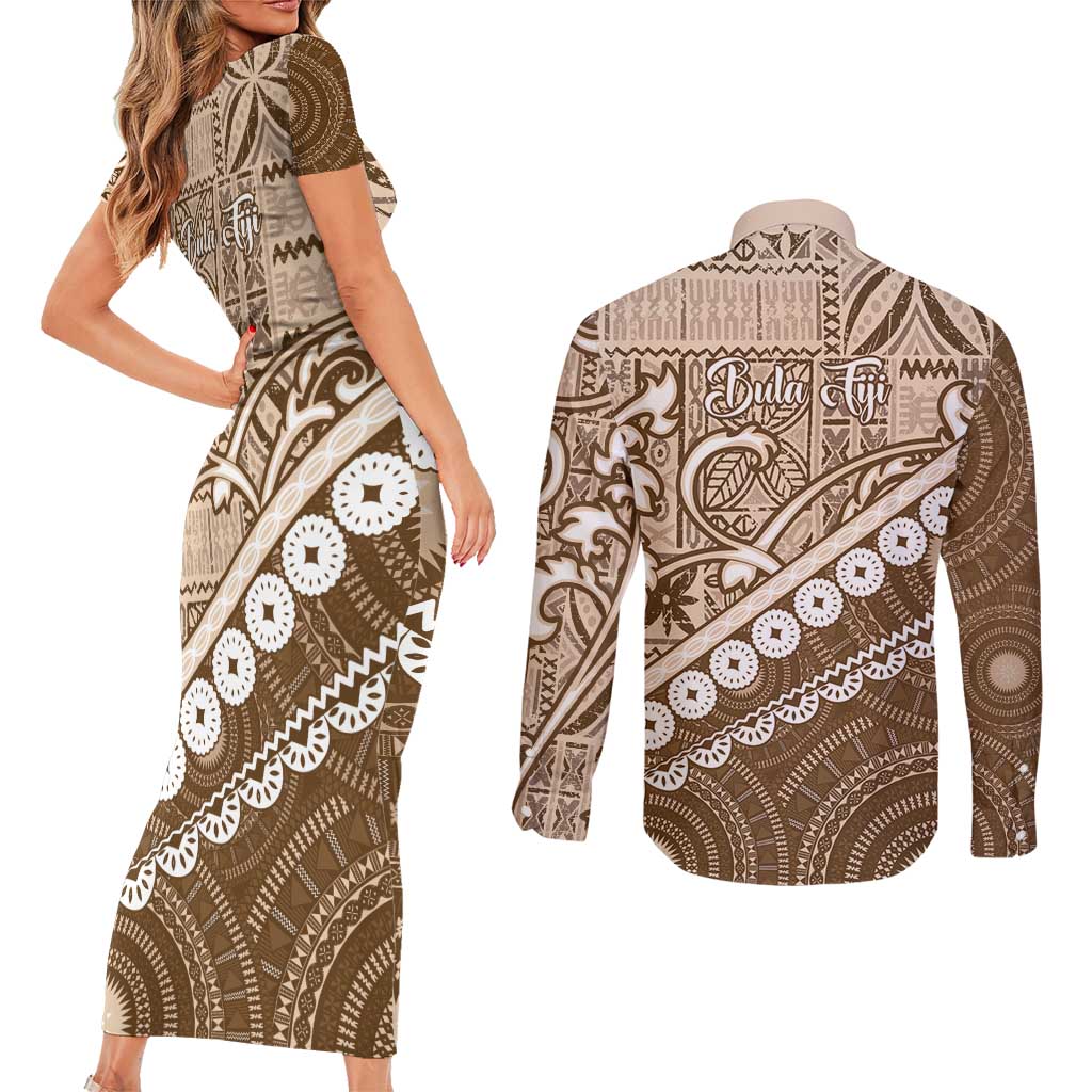 Beige Bula Fiji Couples Matching Short Sleeve Bodycon Dress and Long Sleeve Button Shirt Fijian Language Week Tapa Cloth - Pastel LT14 - Polynesian Pride