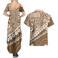 Beige Bula Fiji Couples Matching Summer Maxi Dress and Hawaiian Shirt Fijian Language Week Tapa Cloth - Pastel LT14 - Polynesian Pride