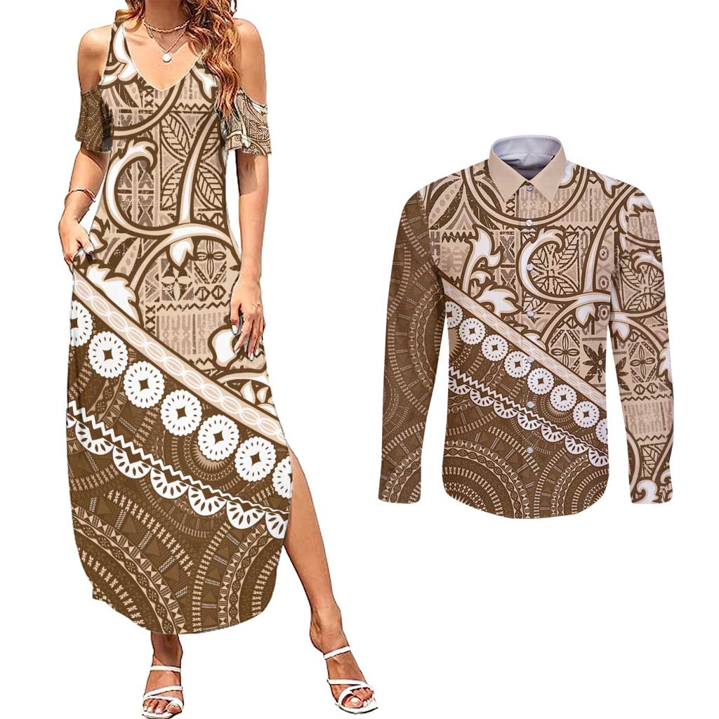 Beige Bula Fiji Couples Matching Summer Maxi Dress and Long Sleeve Button Shirt Fijian Language Week Tapa Cloth - Pastel LT14 Beige - Polynesian Pride