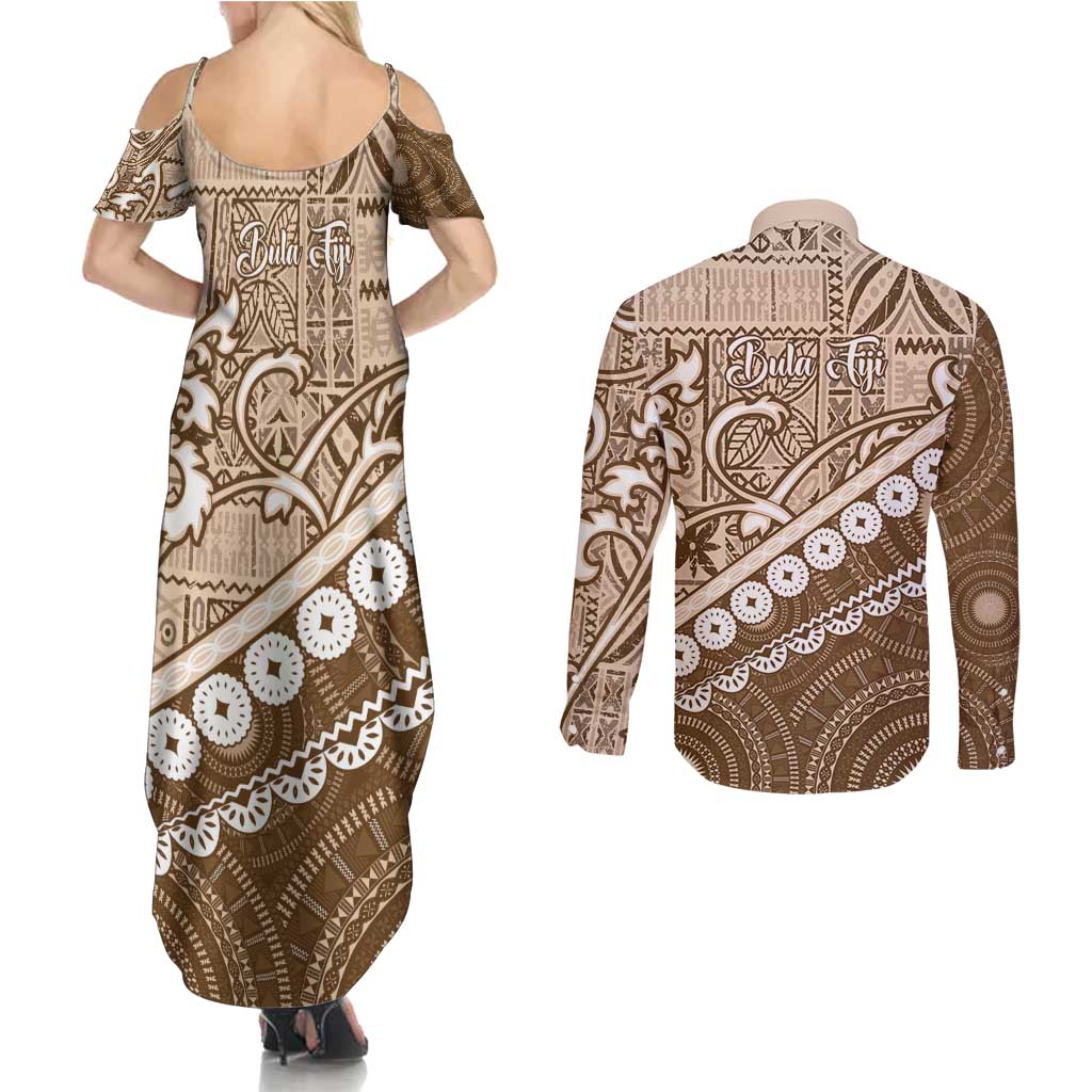 Beige Bula Fiji Couples Matching Summer Maxi Dress and Long Sleeve Button Shirt Fijian Language Week Tapa Cloth - Pastel LT14 - Polynesian Pride