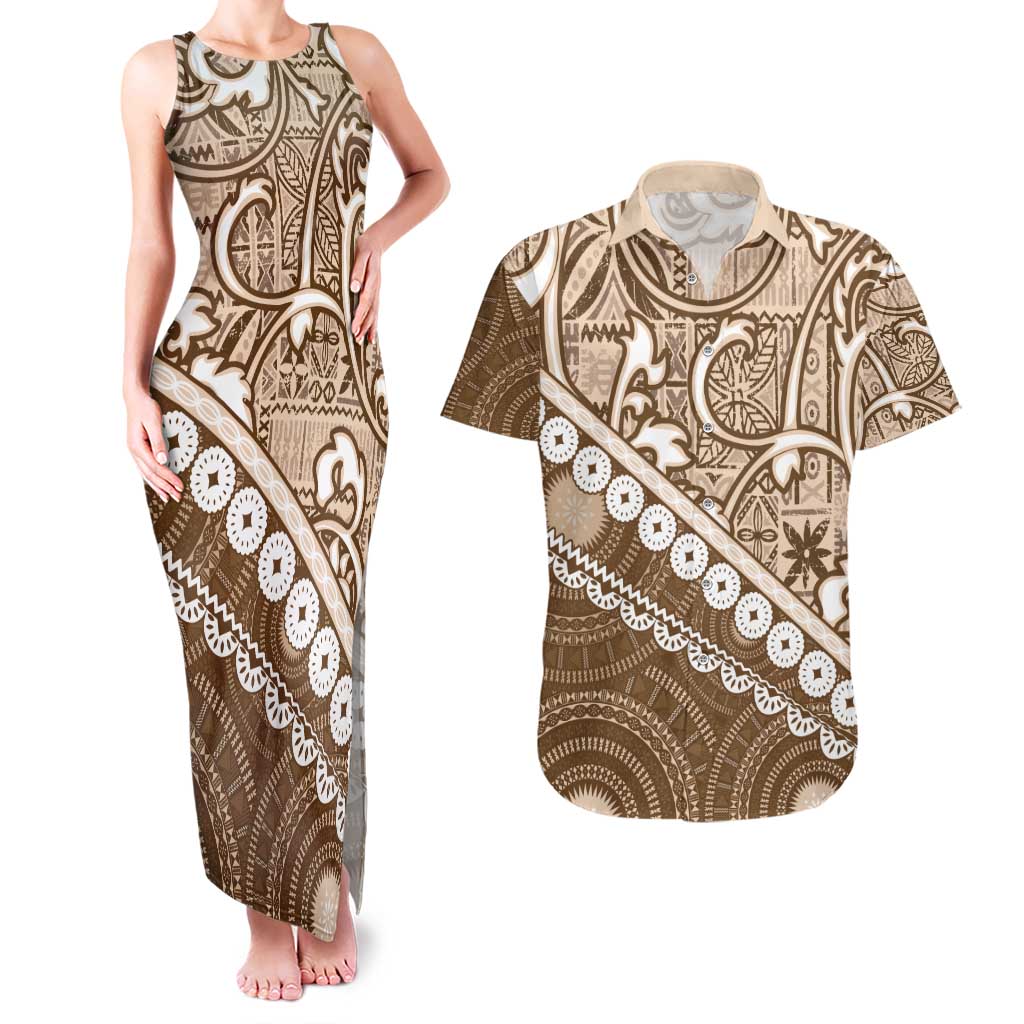Beige Bula Fiji Couples Matching Tank Maxi Dress and Hawaiian Shirt Fijian Language Week Tapa Cloth - Pastel LT14 Beige - Polynesian Pride