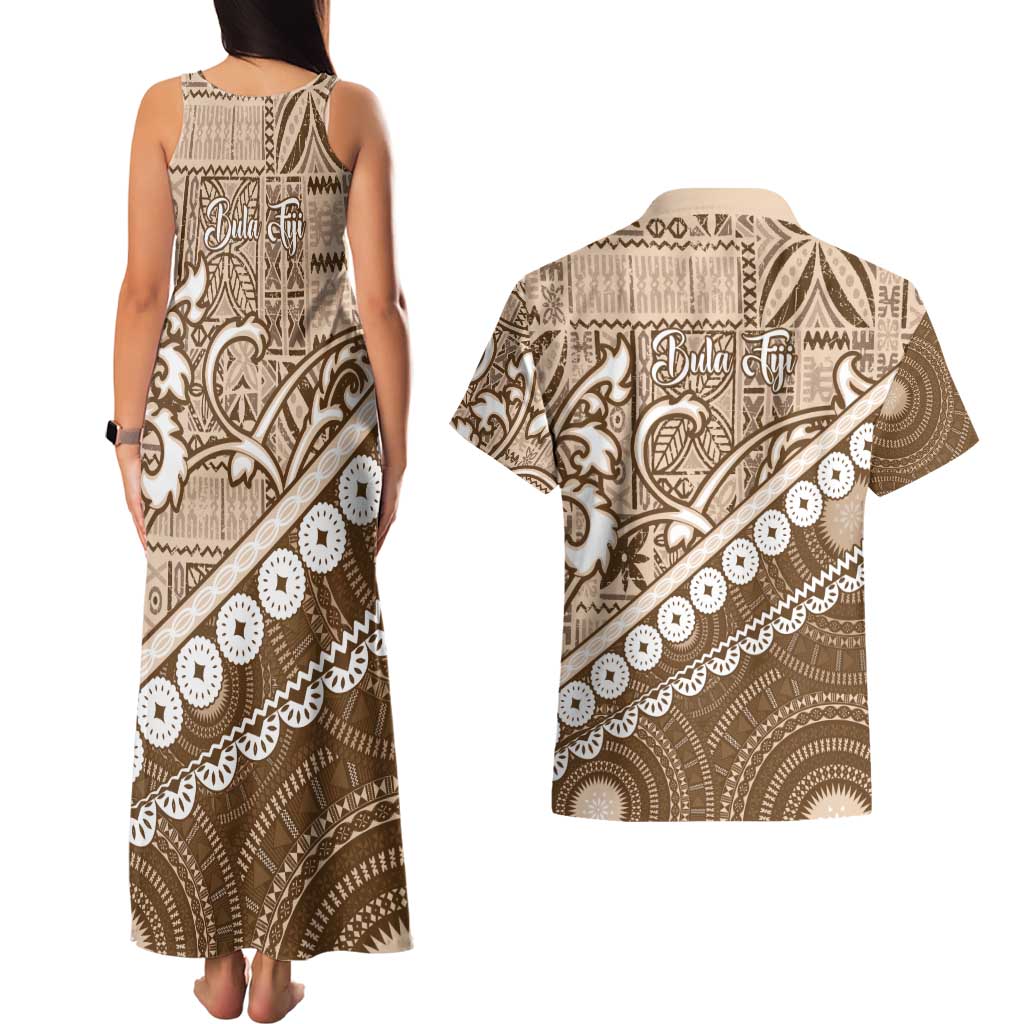 Beige Bula Fiji Couples Matching Tank Maxi Dress and Hawaiian Shirt Fijian Language Week Tapa Cloth - Pastel LT14 - Polynesian Pride