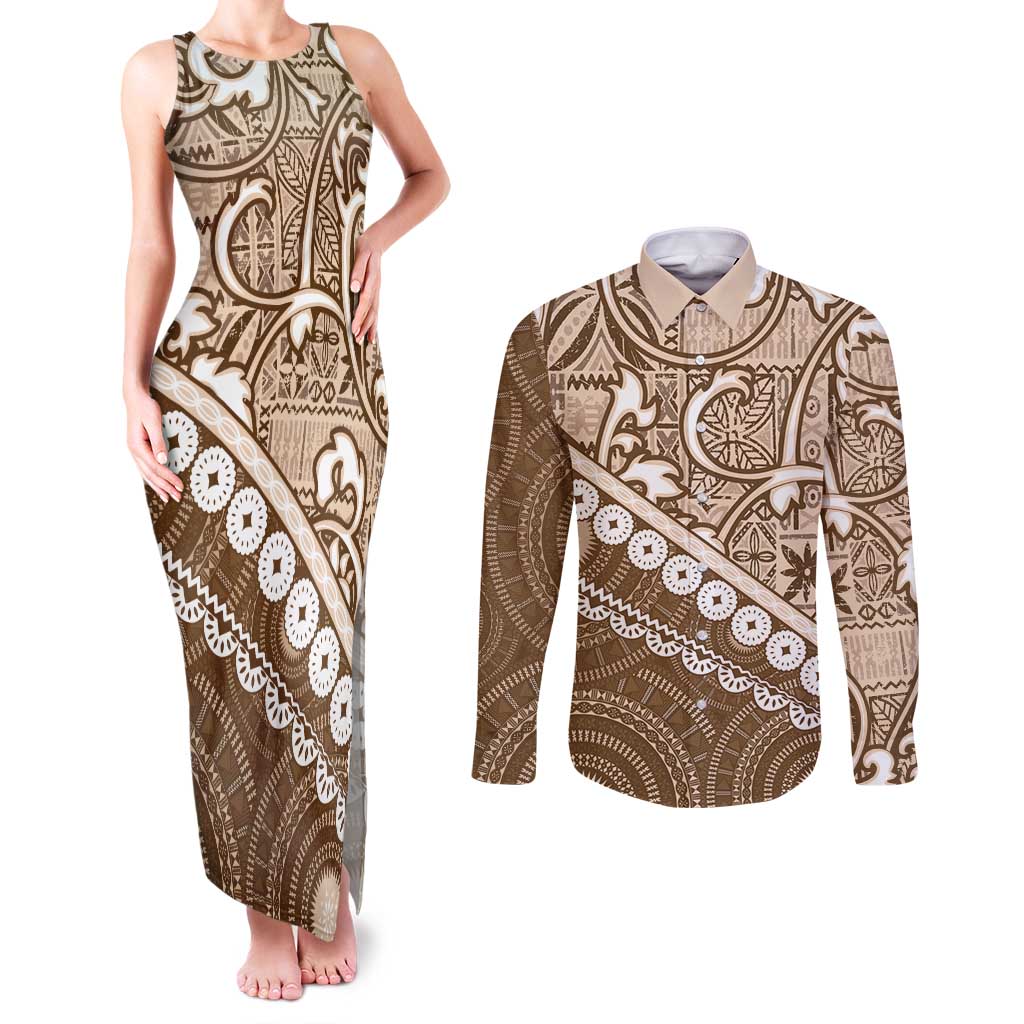 Beige Bula Fiji Couples Matching Tank Maxi Dress and Long Sleeve Button Shirt Fijian Language Week Tapa Cloth - Pastel LT14 Beige - Polynesian Pride