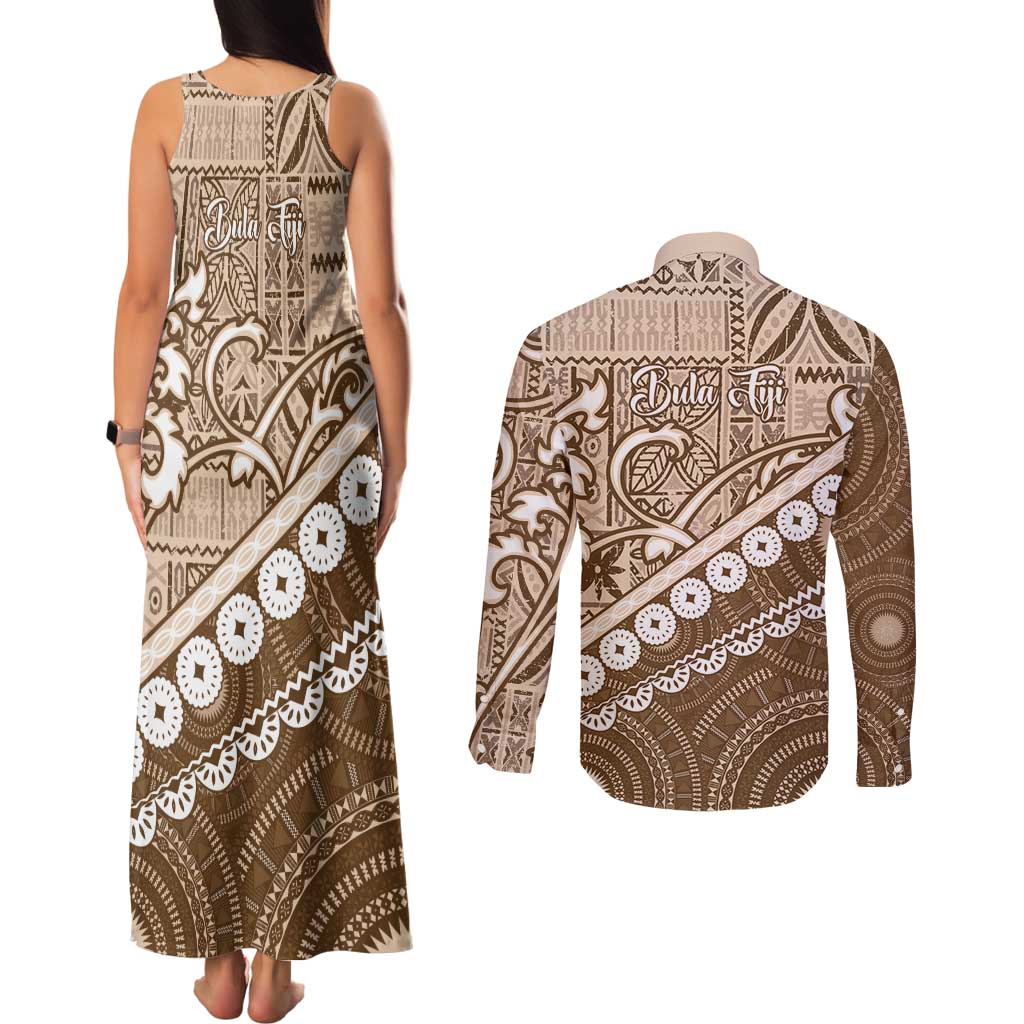 Beige Bula Fiji Couples Matching Tank Maxi Dress and Long Sleeve Button Shirt Fijian Language Week Tapa Cloth - Pastel LT14 - Polynesian Pride