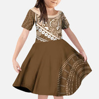 Beige Bula Fiji Family Matching Long Sleeve Bodycon Dress and Hawaiian Shirt Fijian Language Week Tapa Cloth - Pastel LT14 Daughter's Dress Beige - Polynesian Pride