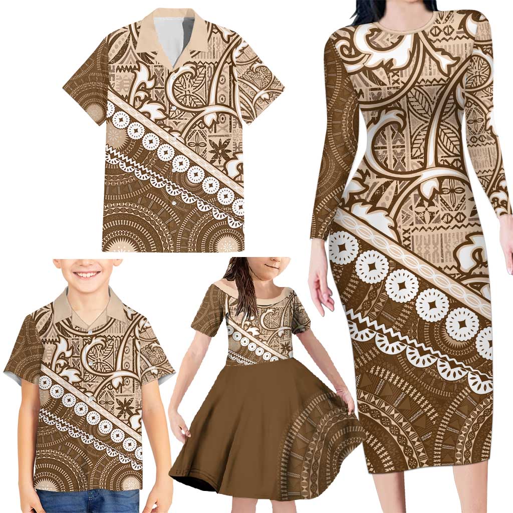 Beige Bula Fiji Family Matching Long Sleeve Bodycon Dress and Hawaiian Shirt Fijian Language Week Tapa Cloth - Pastel LT14 - Polynesian Pride