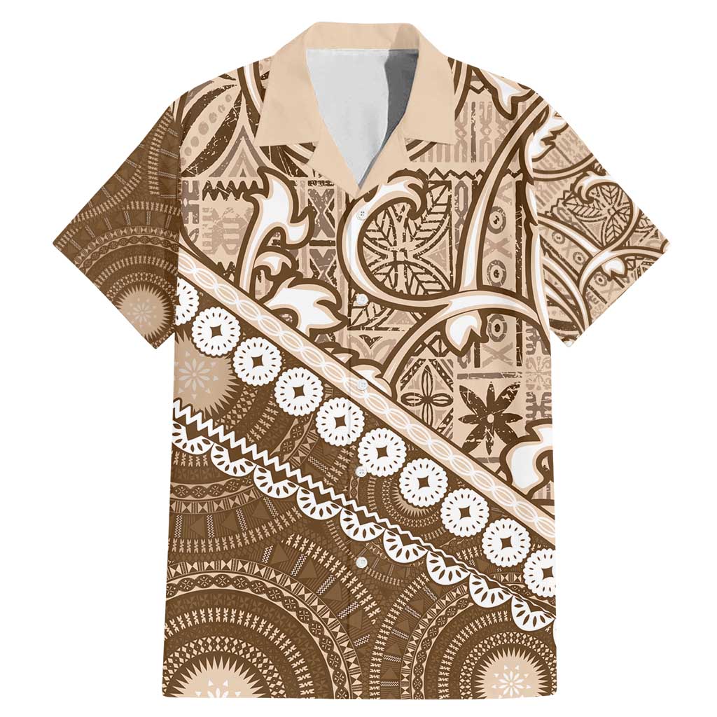 Beige Bula Fiji Family Matching Mermaid Dress and Hawaiian Shirt Fijian Language Week Tapa Cloth - Pastel LT14 Dad's Shirt - Short Sleeve Beige - Polynesian Pride