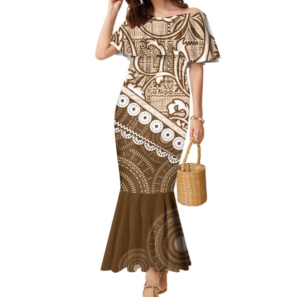 Beige Bula Fiji Family Matching Mermaid Dress and Hawaiian Shirt Fijian Language Week Tapa Cloth - Pastel LT14 Mom's Dress Beige - Polynesian Pride
