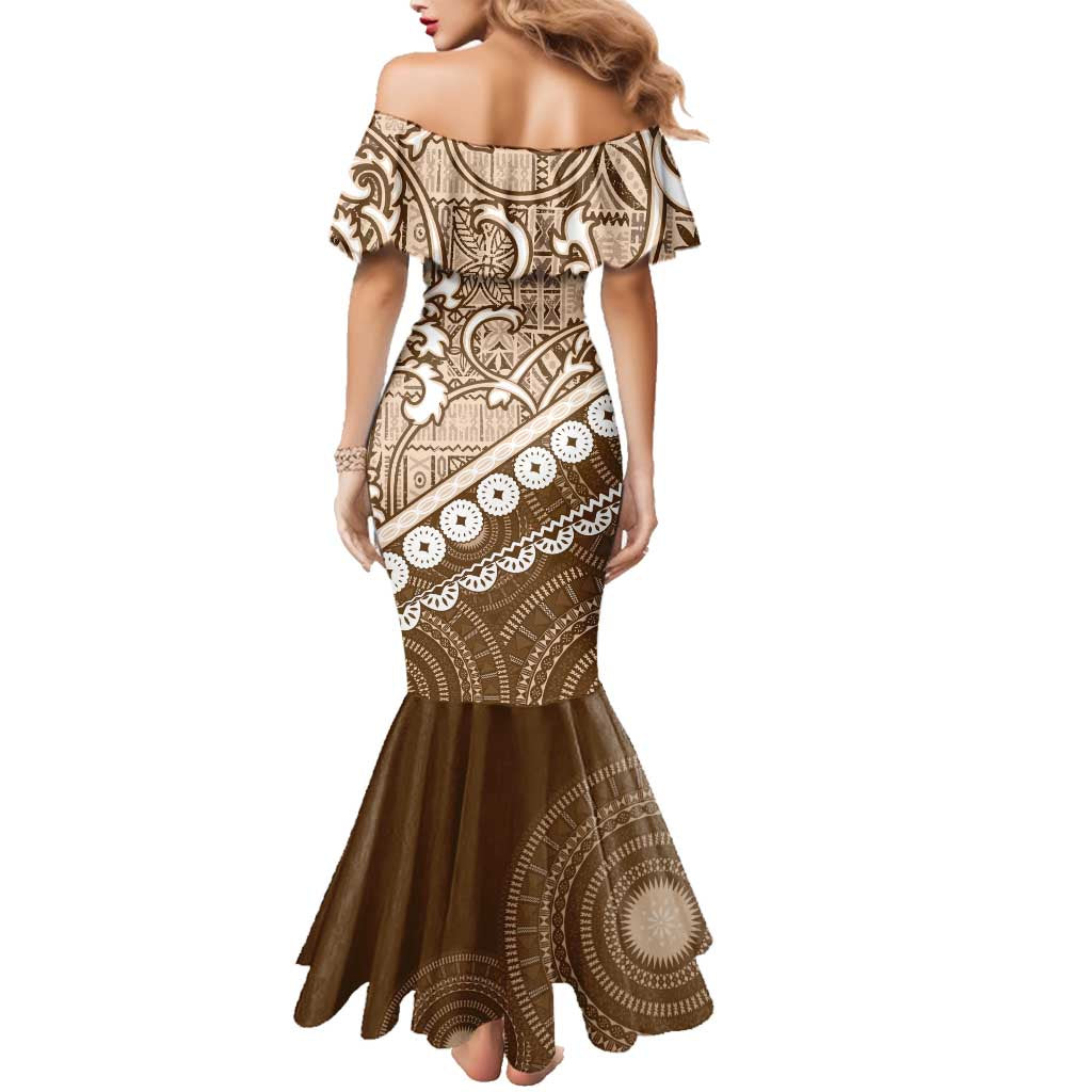 Beige Bula Fiji Family Matching Mermaid Dress and Hawaiian Shirt Fijian Language Week Tapa Cloth - Pastel LT14 - Polynesian Pride