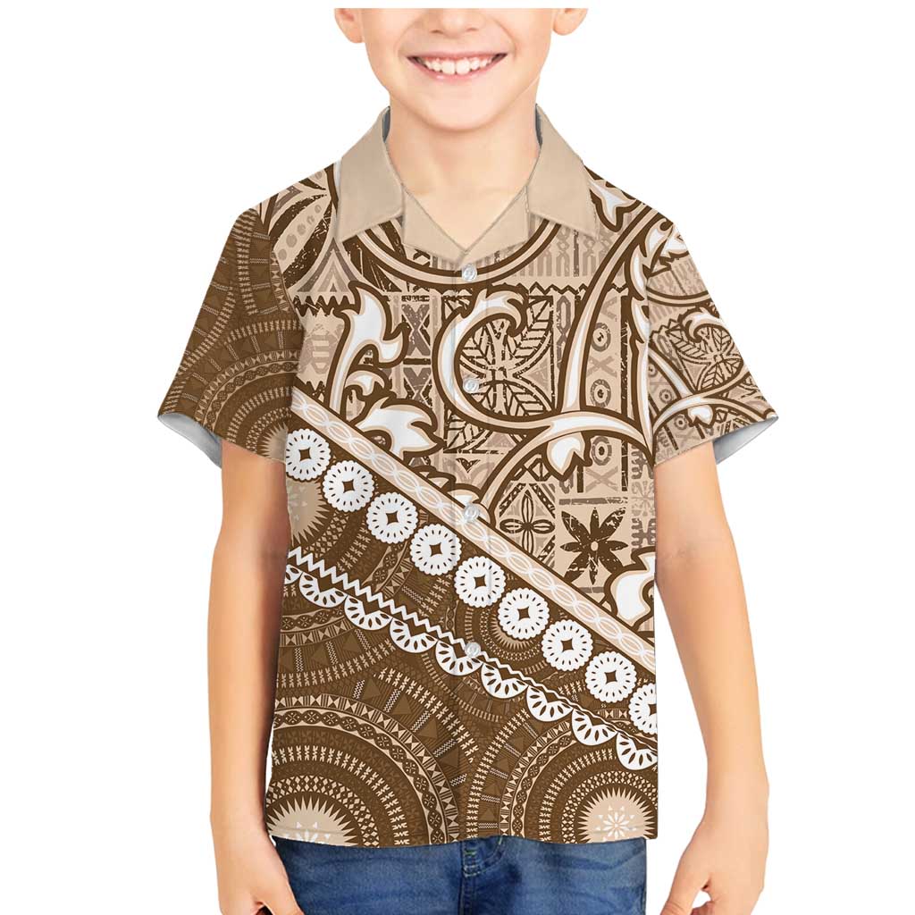 Beige Bula Fiji Family Matching Mermaid Dress and Hawaiian Shirt Fijian Language Week Tapa Cloth - Pastel LT14 Son's Shirt Beige - Polynesian Pride