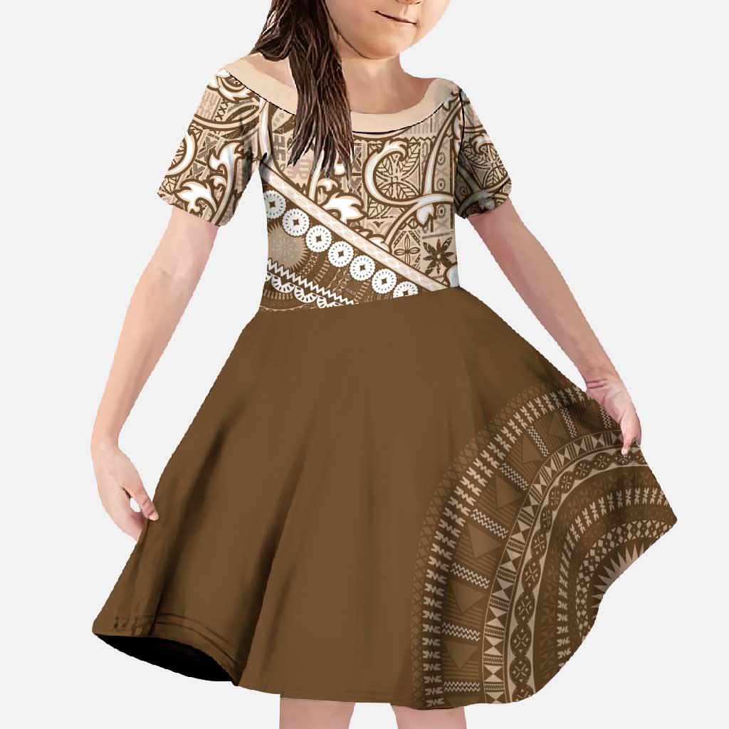 Beige Bula Fiji Family Matching Off Shoulder Maxi Dress and Hawaiian Shirt Fijian Language Week Tapa Cloth - Pastel LT14 Daughter's Dress Beige - Polynesian Pride
