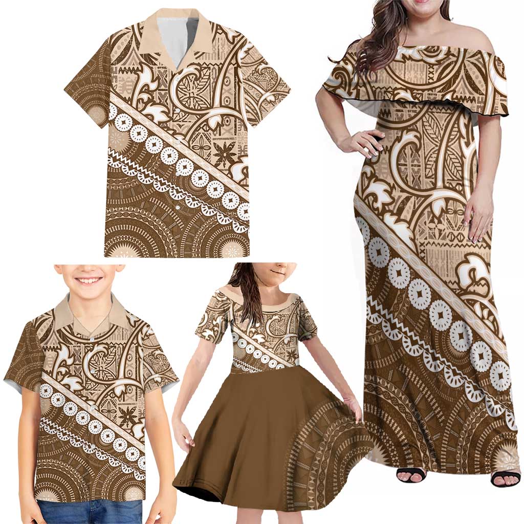 Beige Bula Fiji Family Matching Off Shoulder Maxi Dress and Hawaiian Shirt Fijian Language Week Tapa Cloth - Pastel LT14 - Polynesian Pride