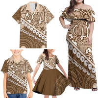 Beige Bula Fiji Family Matching Off Shoulder Maxi Dress and Hawaiian Shirt Fijian Language Week Tapa Cloth - Pastel LT14 - Polynesian Pride