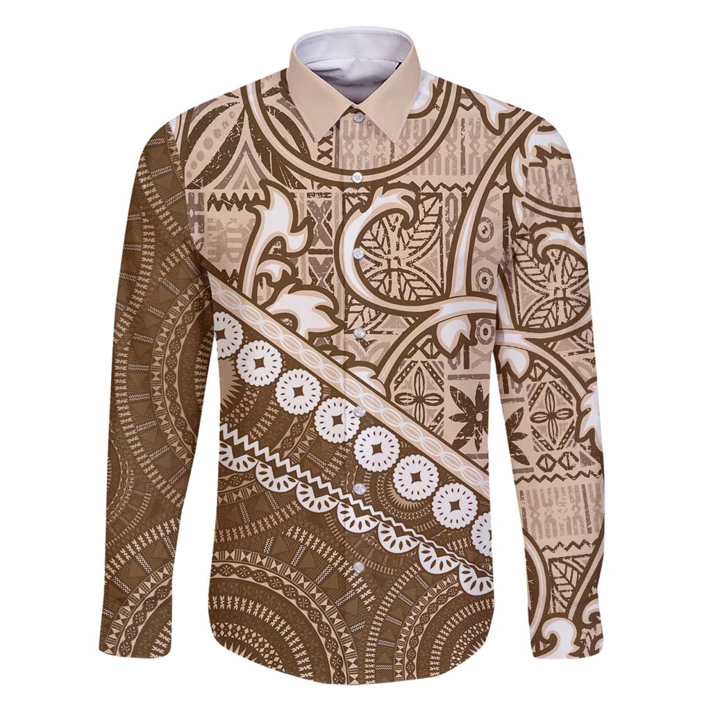 Beige Bula Fiji Family Matching Off Shoulder Maxi Dress and Hawaiian Shirt Fijian Language Week Tapa Cloth - Pastel LT14 Dad's Shirt - Long Sleeve Beige - Polynesian Pride