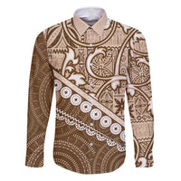 Beige Bula Fiji Family Matching Off Shoulder Maxi Dress and Hawaiian Shirt Fijian Language Week Tapa Cloth - Pastel LT14 Dad's Shirt - Long Sleeve Beige - Polynesian Pride