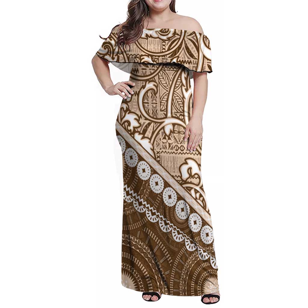 Beige Bula Fiji Family Matching Off Shoulder Maxi Dress and Hawaiian Shirt Fijian Language Week Tapa Cloth - Pastel LT14 Mom's Dress Beige - Polynesian Pride