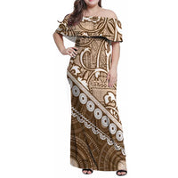 Beige Bula Fiji Family Matching Off Shoulder Maxi Dress and Hawaiian Shirt Fijian Language Week Tapa Cloth - Pastel LT14 Mom's Dress Beige - Polynesian Pride