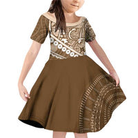 Beige Bula Fiji Family Matching Off Shoulder Short Dress and Hawaiian Shirt Fijian Language Week Tapa Cloth - Pastel LT14 Daughter's Dress Beige - Polynesian Pride