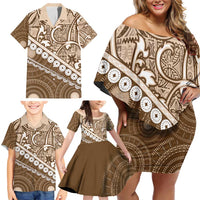 Beige Bula Fiji Family Matching Off Shoulder Short Dress and Hawaiian Shirt Fijian Language Week Tapa Cloth - Pastel LT14 - Polynesian Pride