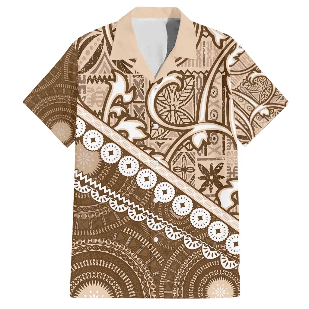 Beige Bula Fiji Family Matching Off Shoulder Short Dress and Hawaiian Shirt Fijian Language Week Tapa Cloth - Pastel LT14 Dad's Shirt - Short Sleeve Beige - Polynesian Pride