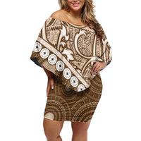 Beige Bula Fiji Family Matching Off Shoulder Short Dress and Hawaiian Shirt Fijian Language Week Tapa Cloth - Pastel LT14 Mom's Dress Beige - Polynesian Pride