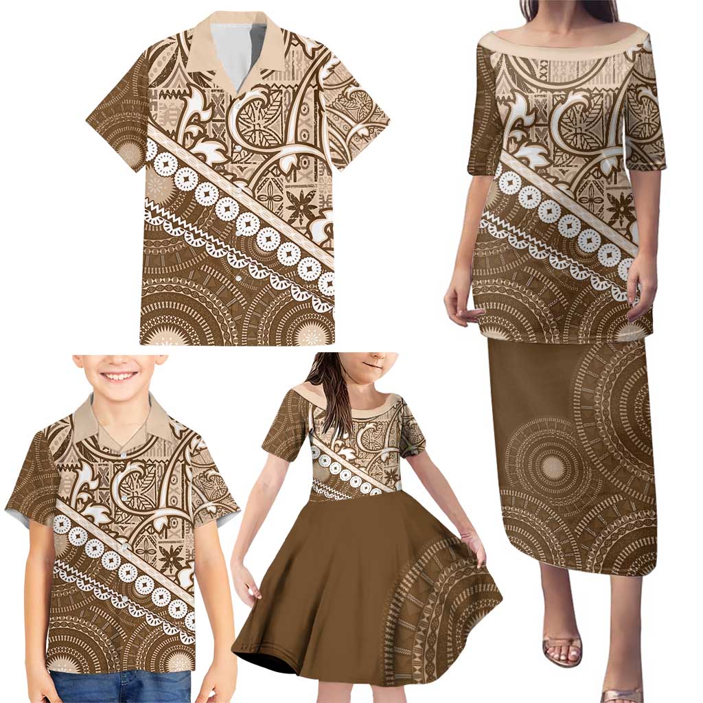 Beige Bula Fiji Family Matching Puletasi and Hawaiian Shirt Fijian Language Week Tapa Cloth - Pastel LT14 - Polynesian Pride